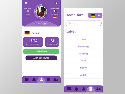 UI design for "Learno", language learnin app