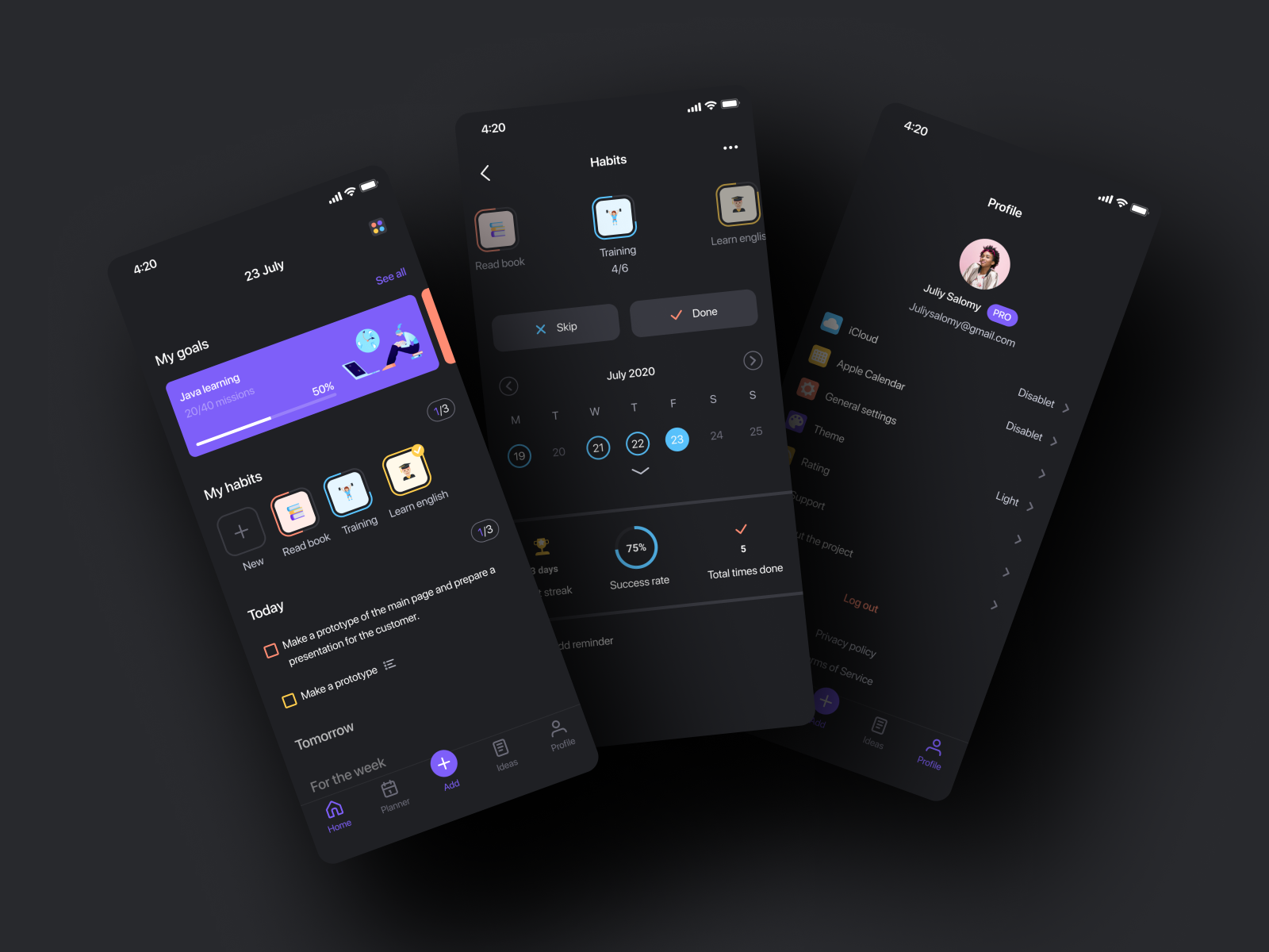 Task planner app I Dark theme by Elena Zhirniakova on Dribbble