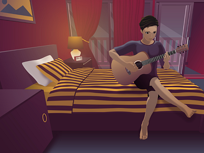 Playing Guitar Illustration accoustic bed guitar man night