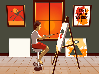 Painting afternoon canvas easel illustration painting perspective vector