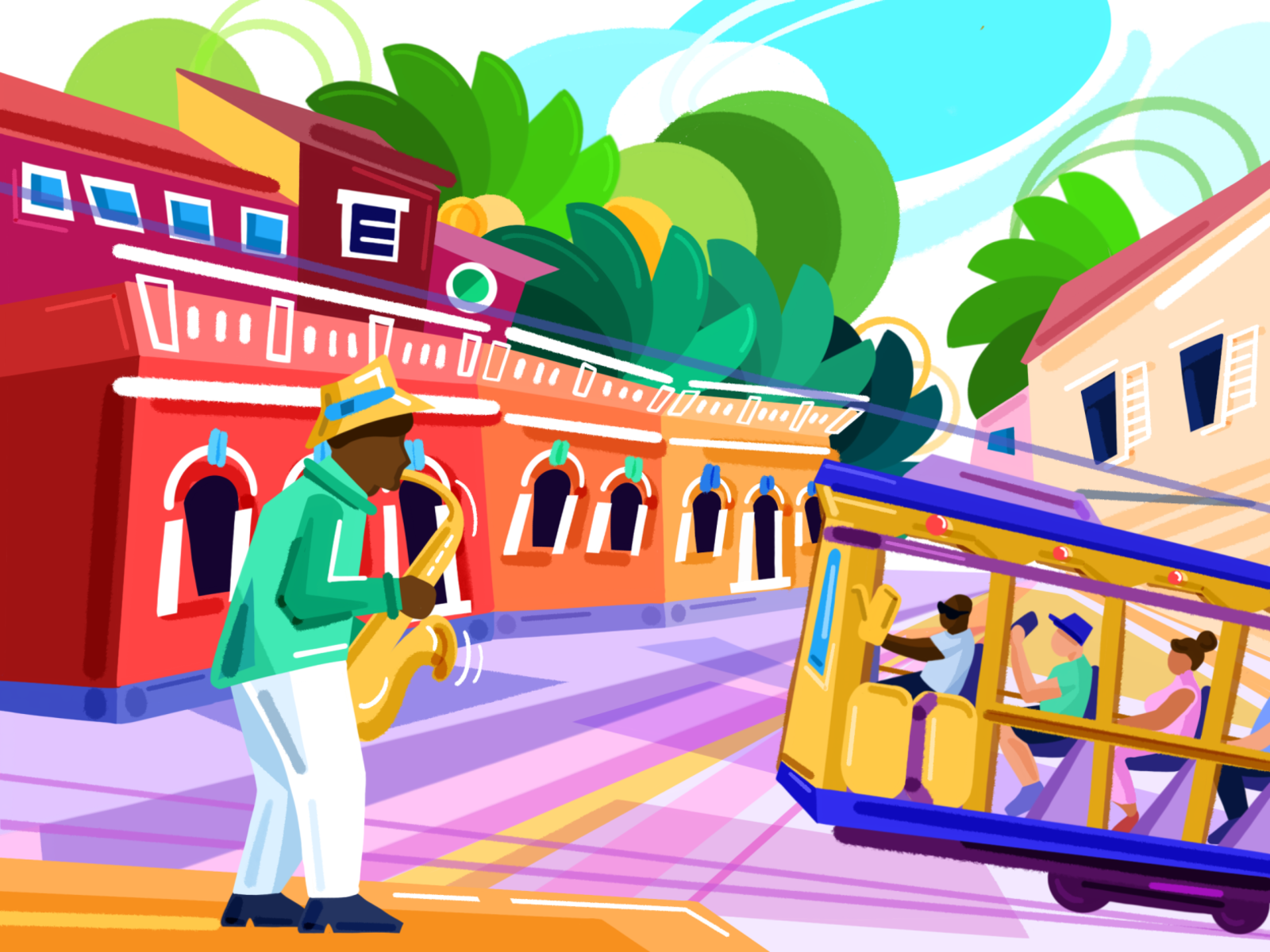 Rio de Janeiro Jazz brazil bright city colorful flat illustration latin america procreate rio de janeiro saxophonist street tram travel