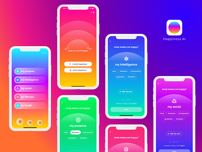 Happiness AI app ai app branding bright colorful gradient happiness happy interest interface mental health technology ui