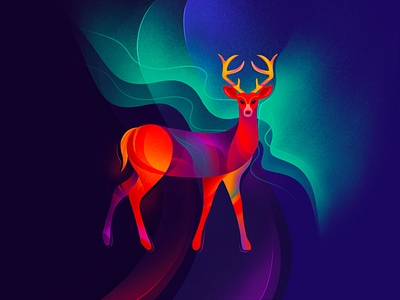 Deer animal colorful dark deer holidays illustration northern lights procreate