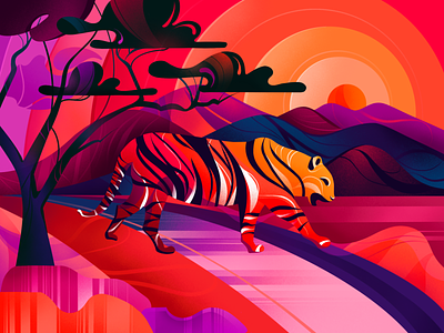 Tiger africa animal bright colorful dry illustration jungles mountains procreate sun sunset tiger warm