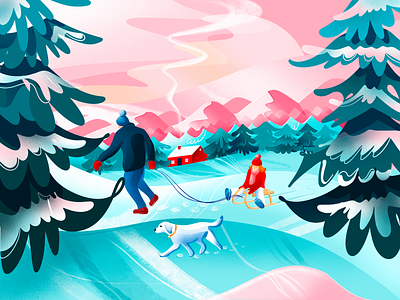 Winter fun bright colorful family forest green house illustration illustrator mountains nature procreate sled snow walk winter
