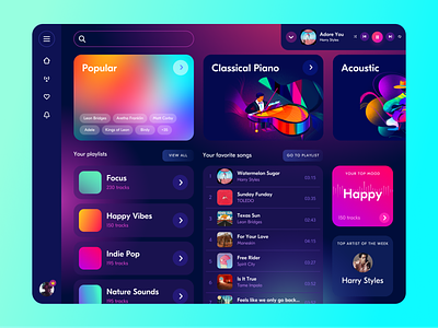 Music app dashboard app branding bright colorful dark dashboard design interface listen music play procreate ui ux