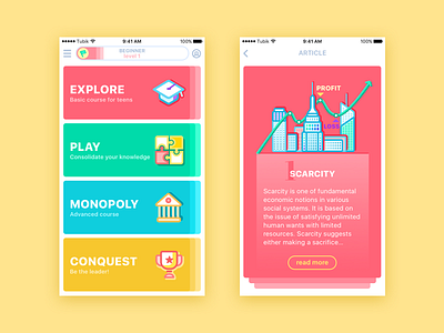 Moneywise App app bright card colorful concept economics education feed illustration ui ux