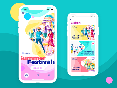 Events App app application bright colorful events feed flat gamification illustration iphone x lisbon minimal music sketch ui