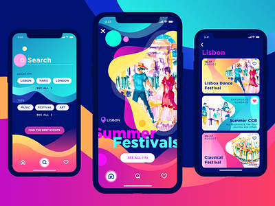 Events App – Dark Version app application bright colorful concept dark events feed gamification illustration ios iphone x lisbon ui