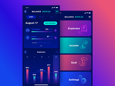 Balance App Iphone X app balance colorful dark expense finance gradient interface ios iphone x stats tracker ui ux