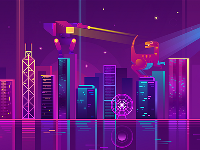 Neon City bright city colorful dinosaur flat illustration neon reflection robot