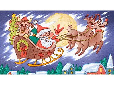 Crazy Santa and Rock'n'roll Bull 2021 1930s 2021 bull cartoon cartoon character cartoon illustration character character design characterdesign christmas christmas card funny character happy new year illustration illustration art new year retro santa claus xmas xmas card