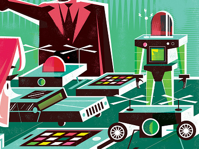 I'll Buy One of Everything drones editorial illustration limited palette money robots