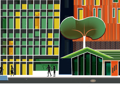 The Information Airbnb architecture editorial illustration hotels midcentury design
