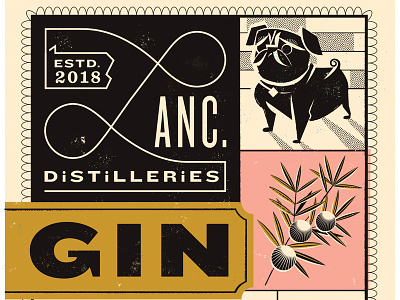 Lancaster Distilleries, Gin label branding design gin illustration label design liquor package design pug