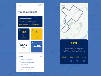 Daily Design Challenge - #029 Maps blue blue and white blue and yellow design bmi daily health challenge dailyui dailyuichallenge designui health app health care heartbeat map maps minimalistic tasks trending ui weight loss yellow
