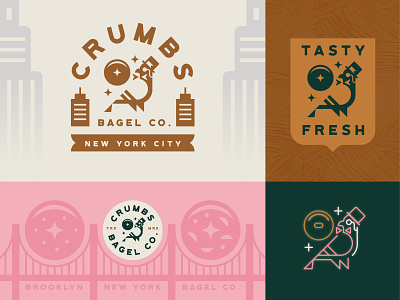 Crumbs Bagel Co badge bagel bakery branding brooklyn city crest illustration logo new york nyc pigeon restaurant