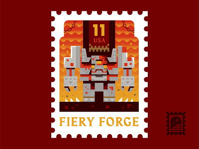 Fiery Forge adventure badge explore forge gaming golem illustration minecraft mojang postage redstone stamp world