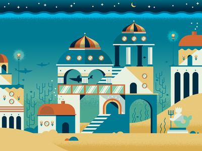 Sunken City buildings city deep fantasy flat illustration kingdom ocean sea shark underwater world