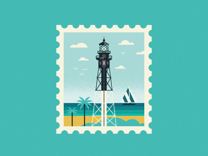 Lighthouse palms illustration explore travel beach ocean sailboat lighthouse stamp