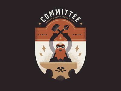 Committee anvil badge blacksmith committee crest forge hammer illustration lightning logo