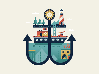 AnchorTown anchor boat city coastal fish illustration lighthouse nautical sea town village