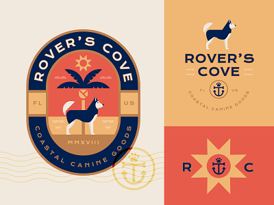 Rover's Cove anchor badge beach branding coastal dog illustration logo ocean pet sun tropical