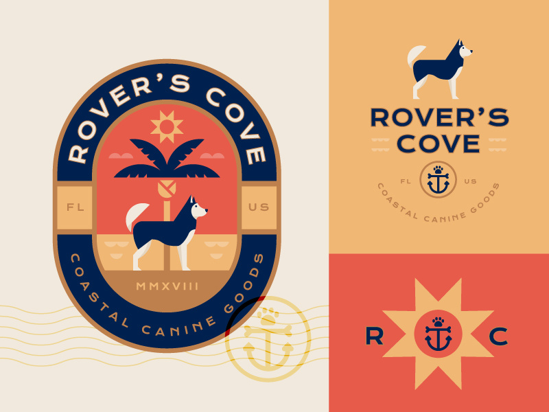 Rover's Cove anchor ocean sun tropical coastal beach badge illustration logo branding pet dog
