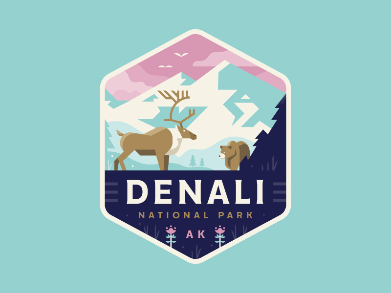 Denali mountains caribou bear nature denali alaska illustration logo badge park national
