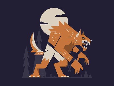 Werewolf creature flat halloween illustration moon october sticker werewolf