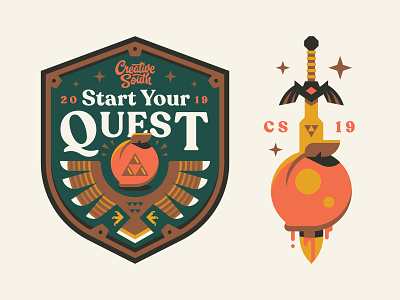 CS19 Quest adventure badge creative gaming illustration logo peach quest shield south sword zelda