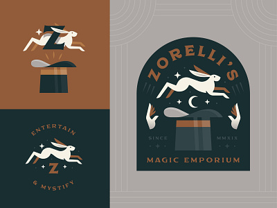 Zorelli's Magic Emporium badge brand hat illustration logo magic magician rabbit vector