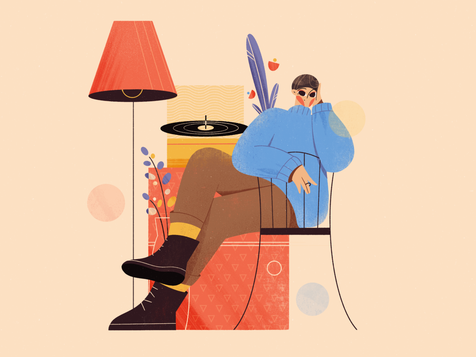 The girl and vinyl art blog illustration character character design chilling color palette cozy explainer flat illustration girl girl character home illustration interior love music procreate texture vinyl web illustration