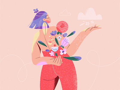 Blooming 2d illustration art blog illustration bloom bright colors character character design explainer flat illustration flowers girl girl character graphic illustration love procreate shapes spring texture tights