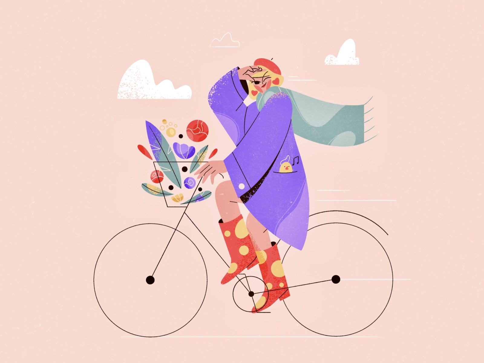 Looking for the spring 2d character bird blog illustration character design coat color palette explainer flat illustration flowers girl character graphic love pastel procreate purple rain boots riding spring texture vector