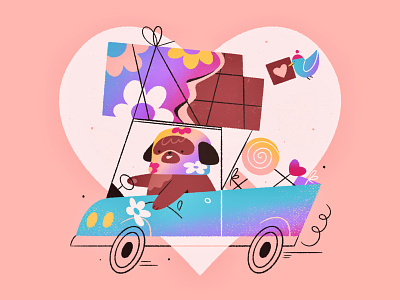 DOG & CHOCOLATE bear blog illustration car character chocolate cute dog flat illustration funny illustration love pink procreate texture valentines valentines day