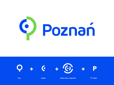 Poznan Logo Design blue brand branding center city complex ecology fluid glyph graphic green icon identity logo mark p symbol tree water drop
