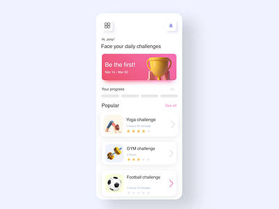 Daily Sport Challenges App Animation 3d after effects animation app challenge clean design elegant fitness illustration interaction interface minimal mobile motion motion graphics principle simple sports ui