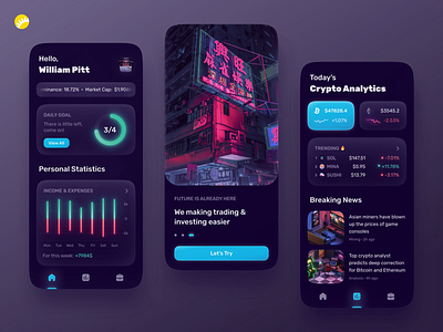 Crypto Manager App analytics bitcoin chart coin crypto app cryptocurrency dark design finance finances fintech investment mobile news nft onboarding token trading ui wallet