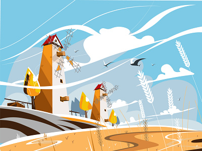 Windmill near wheat field(Rebound) art artwork character illustration sunshine wheat windmill