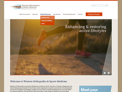 Western Orthopedics blue brown forward healthcare homapage medical motion orange warm web design website