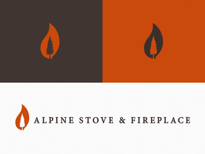 Alpine Stove & Fireplace serif identity logo orange flame tree alpine