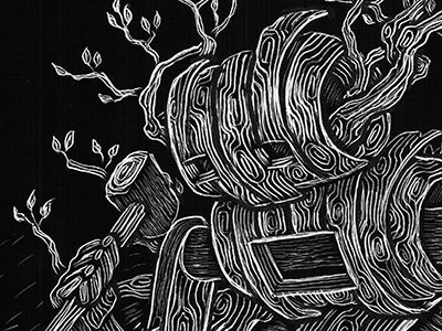 Refactr Treebot illustration robot scratchboard wood