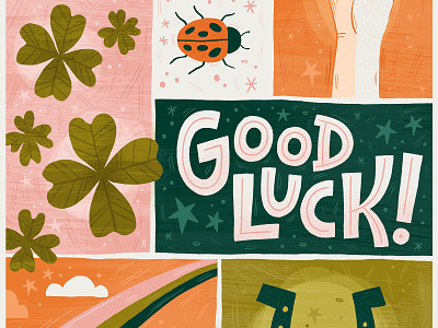 Good luck! design four leaf clover good luck greeting card hand lettered hand lettering illustration ladybug rainbow surface pattern typography