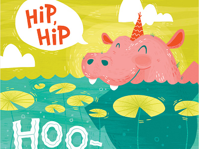 Hooray Hippo animals greeting card hand lettered hand lettering hippo illustration party surface pattern typography