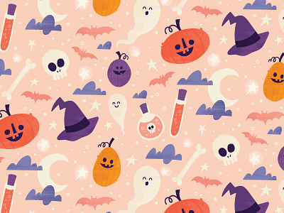 Halloween surface pattern bats fall ghost greeting card halloween illustration moon pumpkin skull spooky stars surface pattern witch