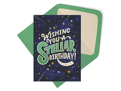 Wishing you a stellar birthday birthday greeting card hand lettering illustration retro sci fi space typography