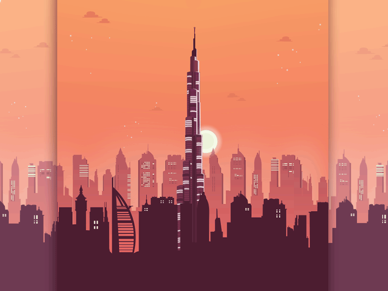 Skyline // Musement buildings city dubai flat illu illustration landscape moon night skyline sunset vector