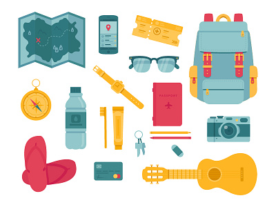 Travel kit ✈️ // Musement backpack camera credit card illustration map passport sunglasses ticket travel travel kit ukulele vector