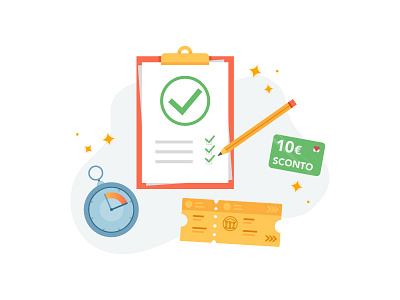 Survey 🎁 // Musement discount flat icon icons illustration paper pencil stars survey ticket time vector